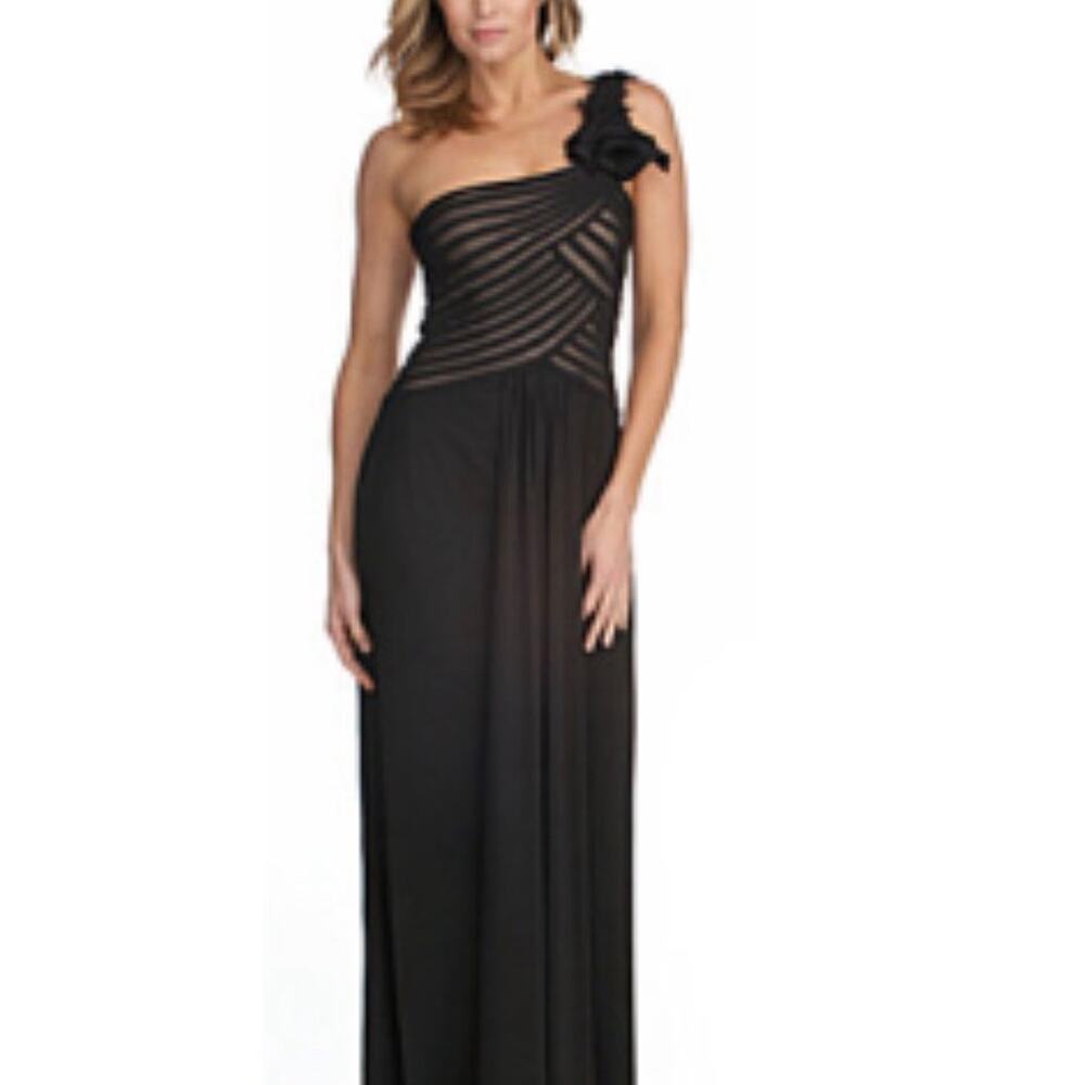 Black One Shoulder Formal Maxi Dress Size Small Sheer Stripe Rosette